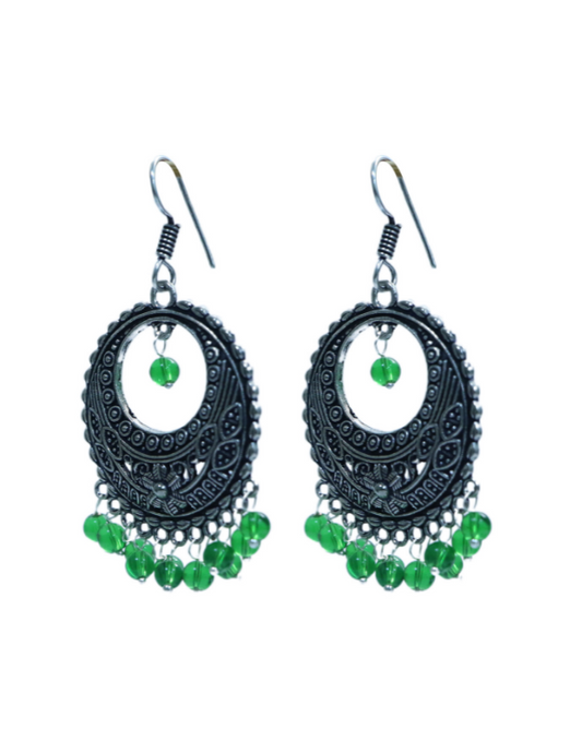 Silver Alloy Trendy Tribal Traditional Look Chand Bali Jhumkas with Green Beads in High Finish