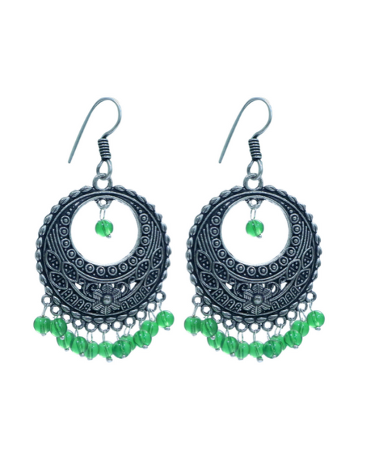 Silver Alloy Trendy Tribal Traditional Look Chand Bali Jhumkas with Green Beads in High Finish