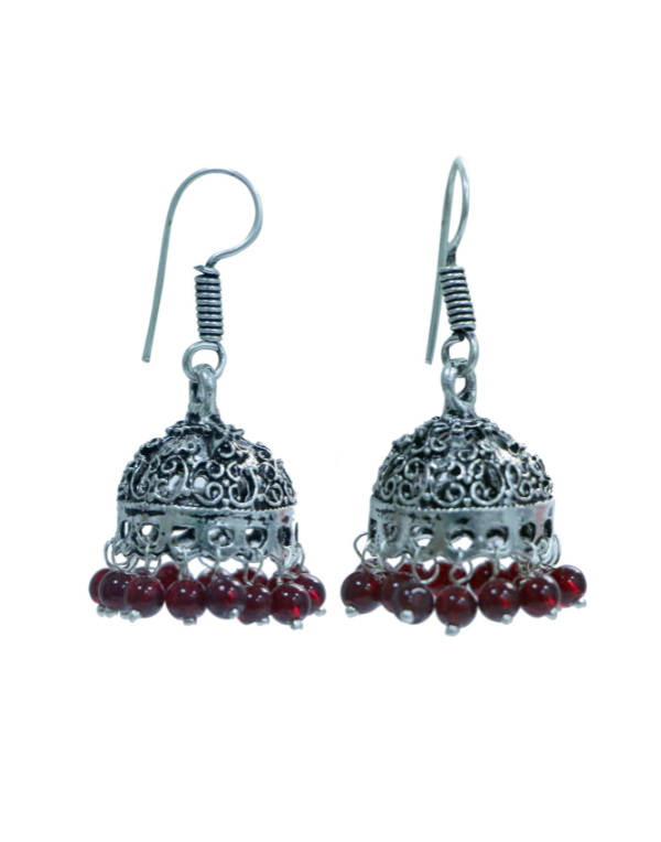 Small Jhumkas in Silver Alloy with Red Beads