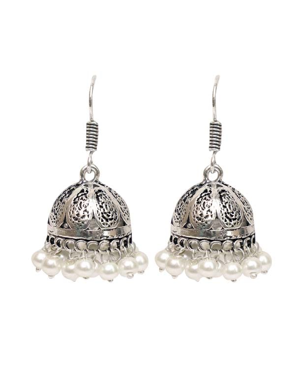 Everday wear Jhumkis in Silver Alloy and Pearl with Ear Wire in Silver Alloy