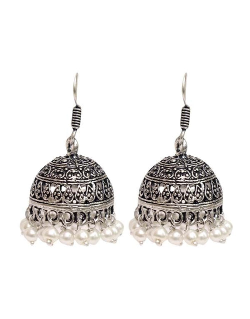 Everday wear Jhumkis in Pearl with Ear Wire in Silver Alloy - Default Title - Abhooshan