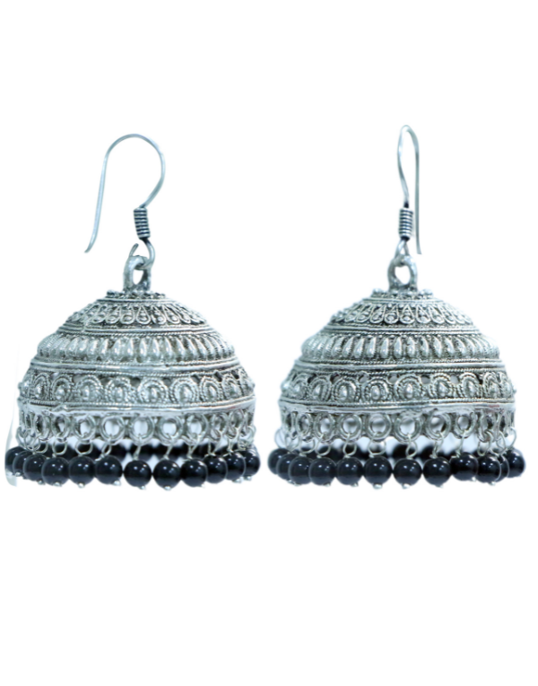 Pair of Big Traditional Jhumkas in Silver Alloy and Black Beads High Finish for Women