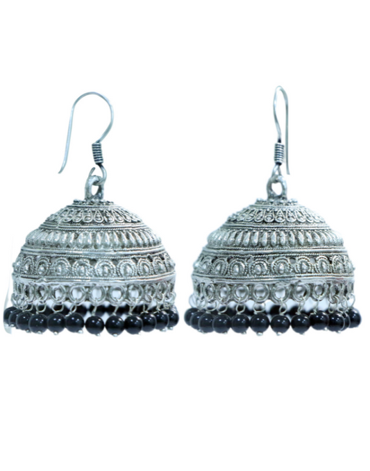 Pair of Big Traditional Jhumkas in Silver Alloy and Black Beads High Finish for Women