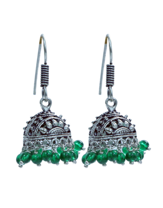 Pair of Boat Shape Jhumkis in Silver Alloy with Green Beads High Finish