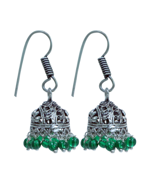 Pair of Boat Shape Jhumkis in Silver Alloy with Green Beads High Finish - Default Title - Abhooshan