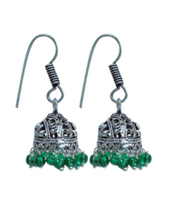 Pair of Boat Shape Jhumkis in Silver Alloy with Green Beads High Finish