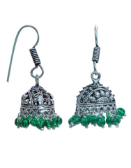 Pair of Boat Shape Jhumkis in Silver Alloy with Green Beads High Finish