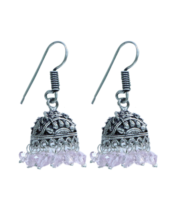 Pair of Boat Shape Jhumkis in Silver Alloy with Pink Beads High Finish