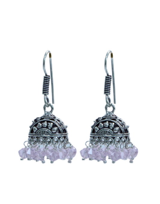 Pair of Boat Shape Jhumkis in Silver Alloy with Pink Beads High Finish