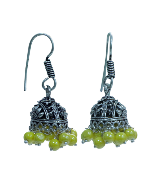 Pair of Boat Shape Jhumkis in Silver Alloy with Yellow Beads