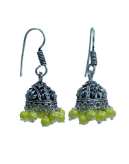 Pair of Boat Shape Jhumkis in Silver Alloy with Yellow Beads