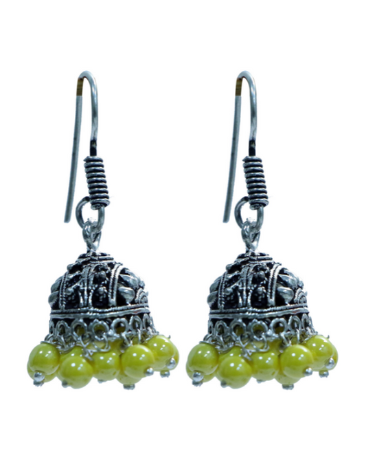 Pair of Boat Shape Jhumkis in Silver Alloy with Yellow Beads