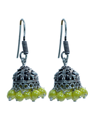 Pair of Boat Shape Jhumkis in Silver Alloy with Yellow Beads