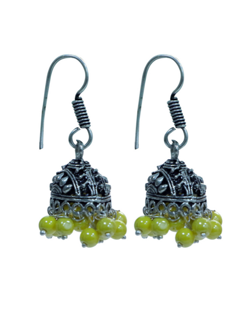 Pair of Boat Shape Jhumkis in Silver Alloy with Yellow Beads - Default Title - Abhooshan