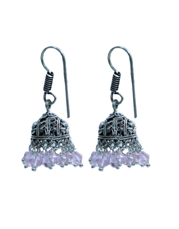 Pair of Boat Shape Jhumkis in Silver Alloy with Pink Beads High Finish