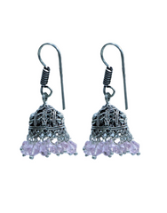 Pair of Small Ethnic Jhumkis in Silver Alloy and Blue Beads High Finish for Women