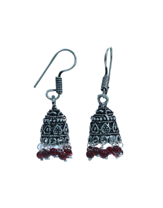 Pair of Small Ethnic Jhumkis in Silver Alloy and Red Beads