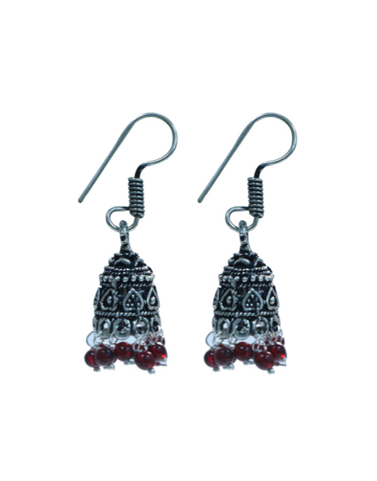 Pair of Small Ethnic Jhumkis in Silver Alloy and Red Beads