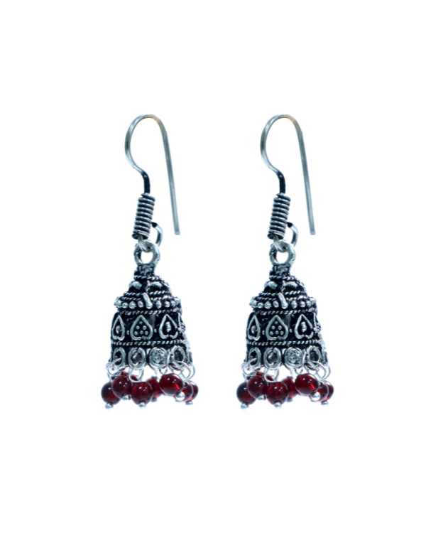 Pair of Small Ethnic Jhumkis in Silver Alloy and Red Beads