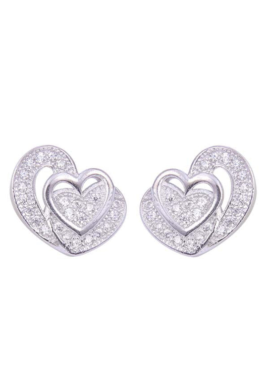 925 Sterling Silver Designer Love Heart Studs With Cubic Zirconia CZ Stones