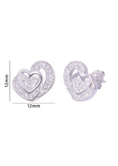 925 Sterling Silver Designer Love Heart Studs With Cubic Zirconia CZ Stones