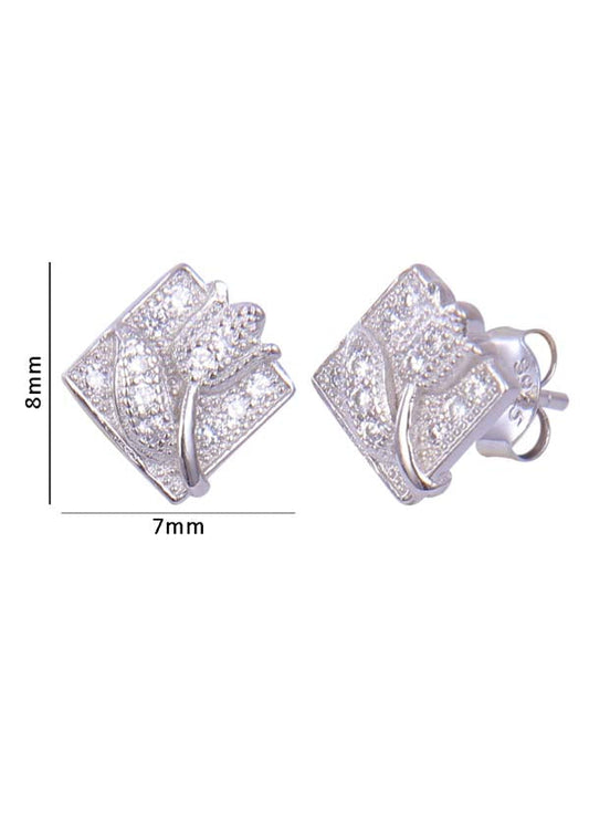 925 Sterling Silver Flower On Square Cz studs