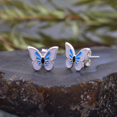 Pure 925 Sterling Silver Cute and Elegant Enamel Butterfly Studs Earrings for Kids