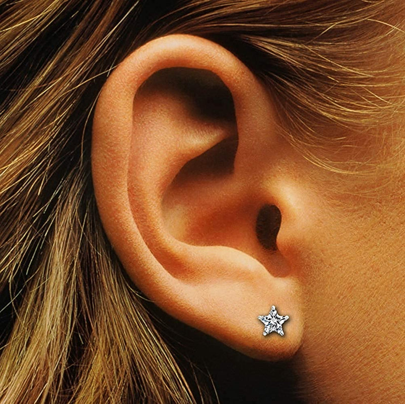 Sterling Silver pair of Star shape 6 mm Stud Earrings with Single White Cubic Zircon (CZ) Stone Solitaire