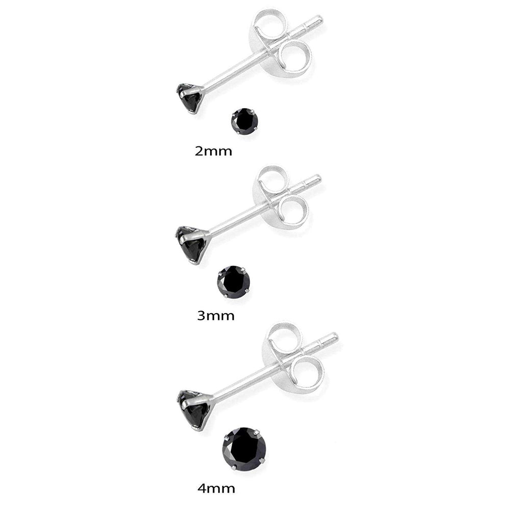 Sterling Silver pair of Round shape 3mm Single Black Cubic Zircon (CZ) Stone Solitaire Stud Earrings