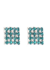 92.5 Sterling Silver Square Studs Unisex Earrings in Silver and Green Cubic Zirconia CZ