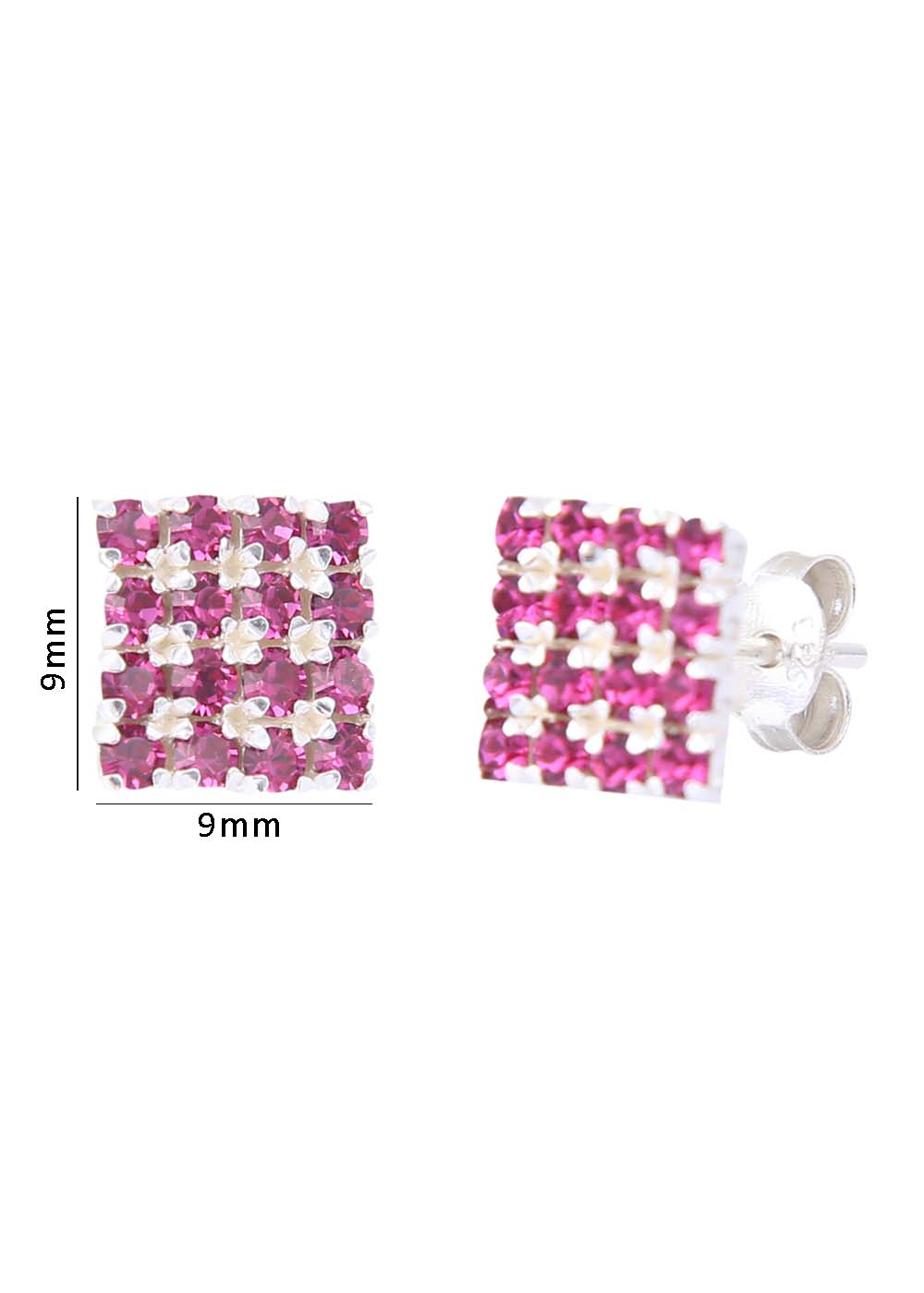 92.5 Sterling Silver Square Studs Unisex Earrings in Silver and Pink Cubic Zirconia CZ
