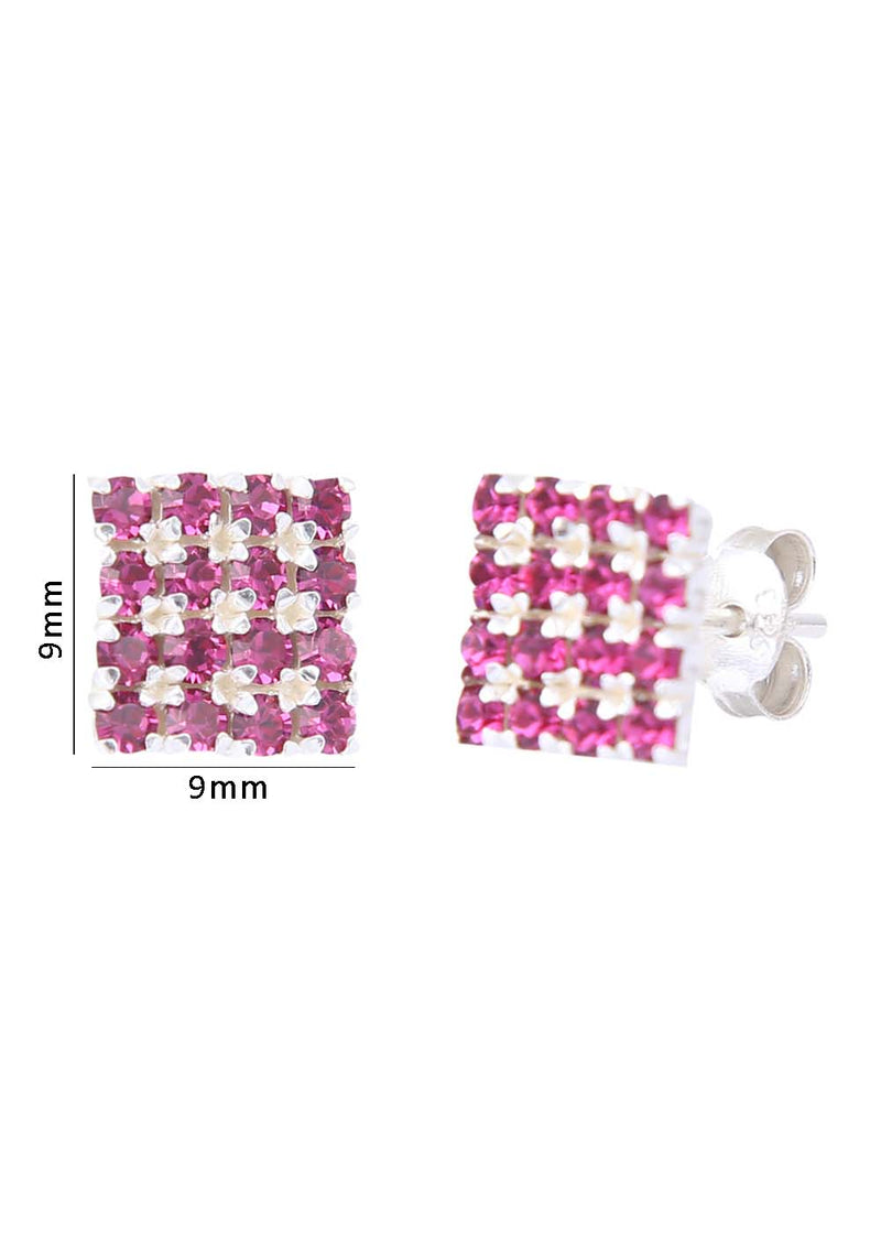 92.5 Sterling Silver Square Studs Unisex Earrings in Silver and Pink Cubic Zirconia CZ