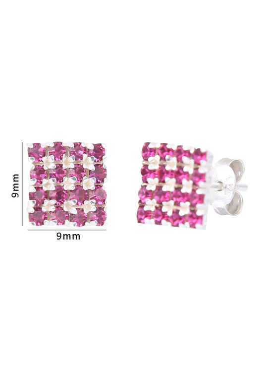 92.5 Sterling Silver Square Studs Unisex Earrings in Silver and Pink Cubic Zirconia CZ