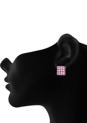 92.5 Sterling Silver Square Studs Unisex Earrings in Silver and Pink Cubic Zirconia CZ