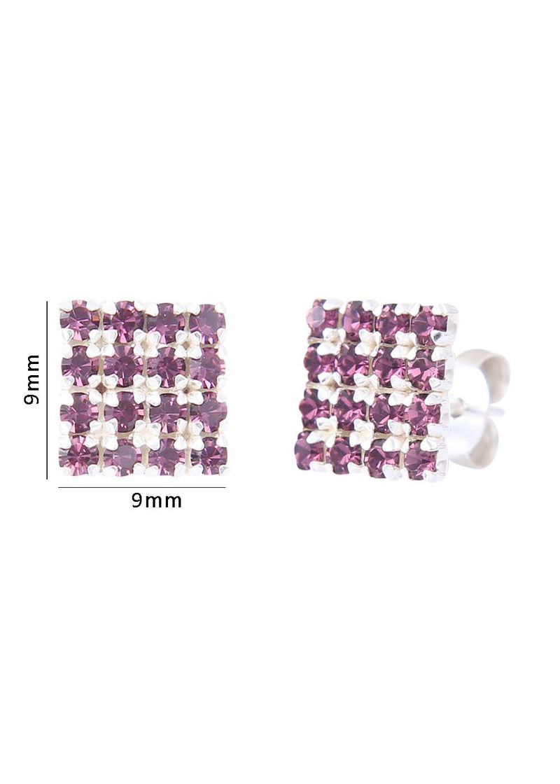 92.5 Sterling Silver Square Studs Unisex Earrings in Silver and Purple Cubic Zirconia CZ
