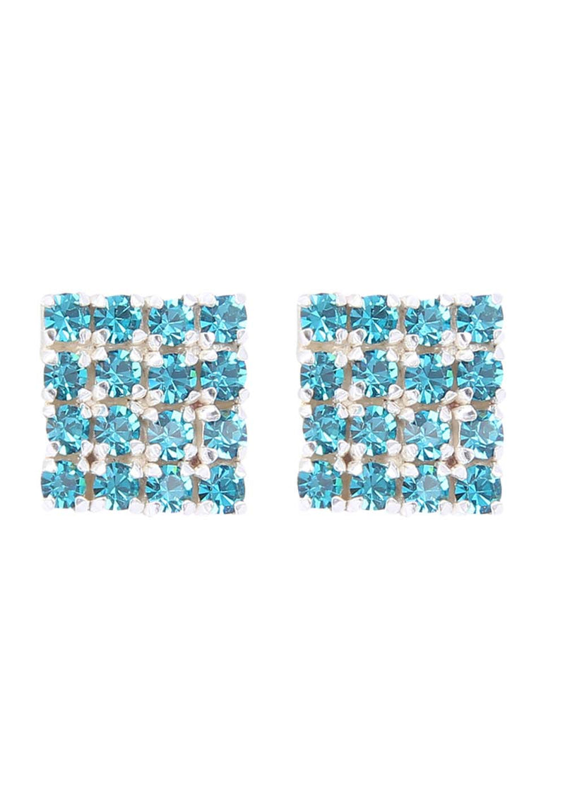 92.5 Sterling Silver Square Studs Unisex Earrings in Silver and Blue Cubic Zirconia CZ