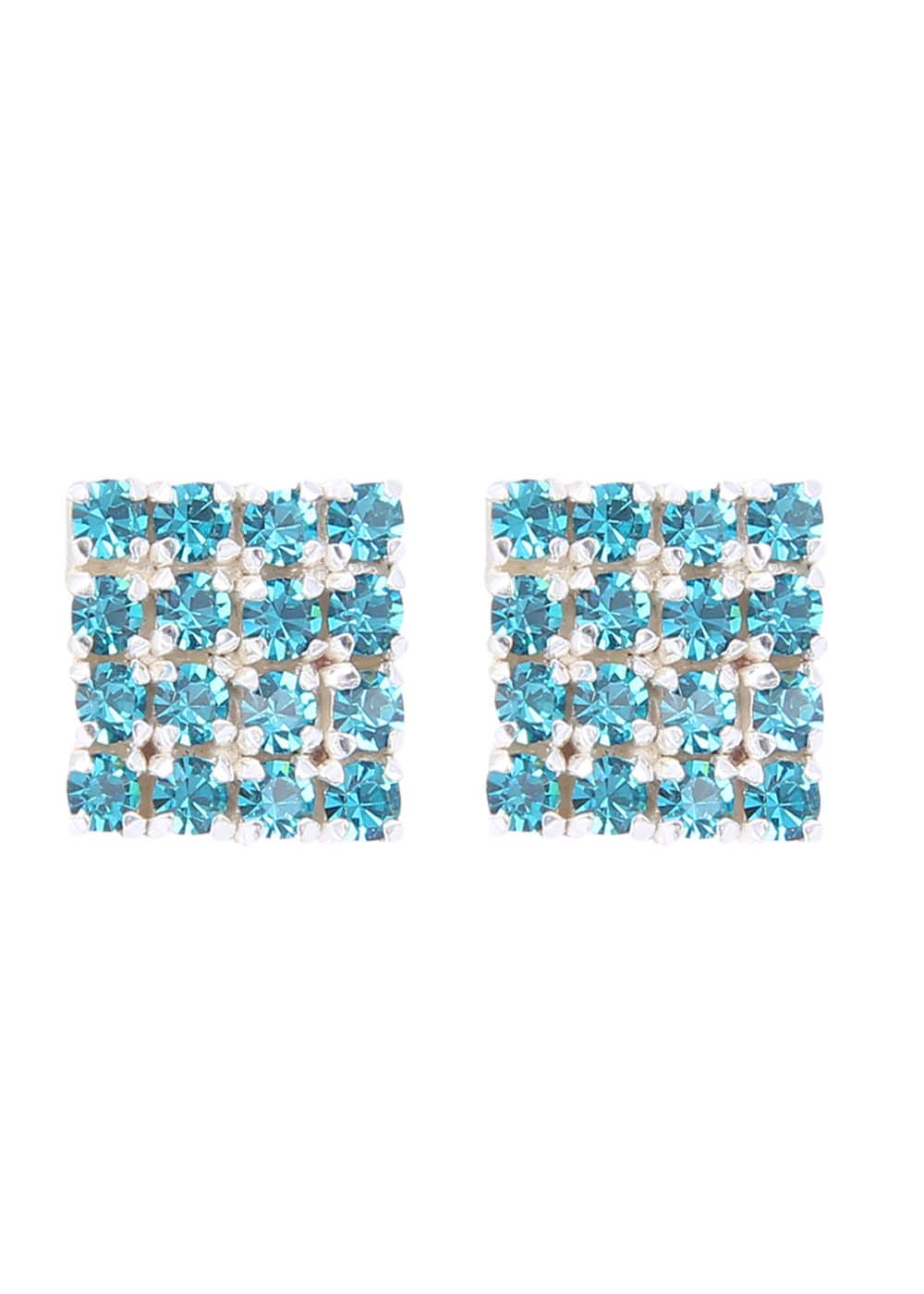 92.5 Sterling Silver Square Studs Unisex Earrings in Silver and Blue Cubic Zirconia CZ