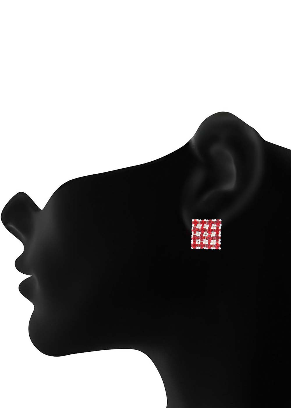 92.5 Sterling Silver Square Studs Unisex Earrings in Silver and Red Cubic Zirconia CZ