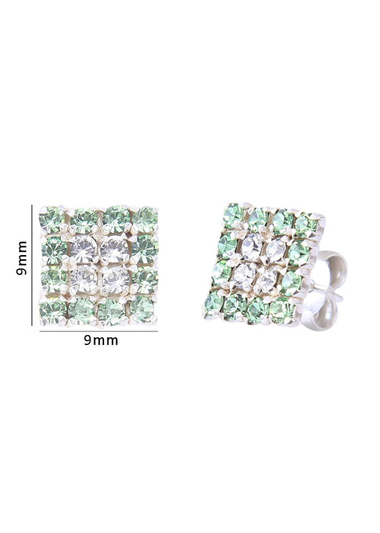 92.5 Sterling Silver Square Studs Unisex Earrings in Silver and Green And White Cubic Zirconia CZ
