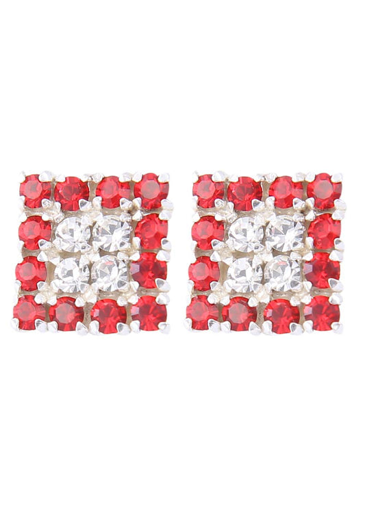 92.5 Sterling Silver Square Studs Unisex Earrings in Silver and Red and White Cubic Zirconia CZ f