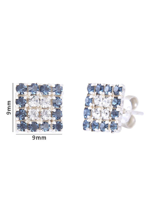 92.5 Sterling Silver Square Studs Unisex Earrings in and Blue and White Cubic Zirconia CZ