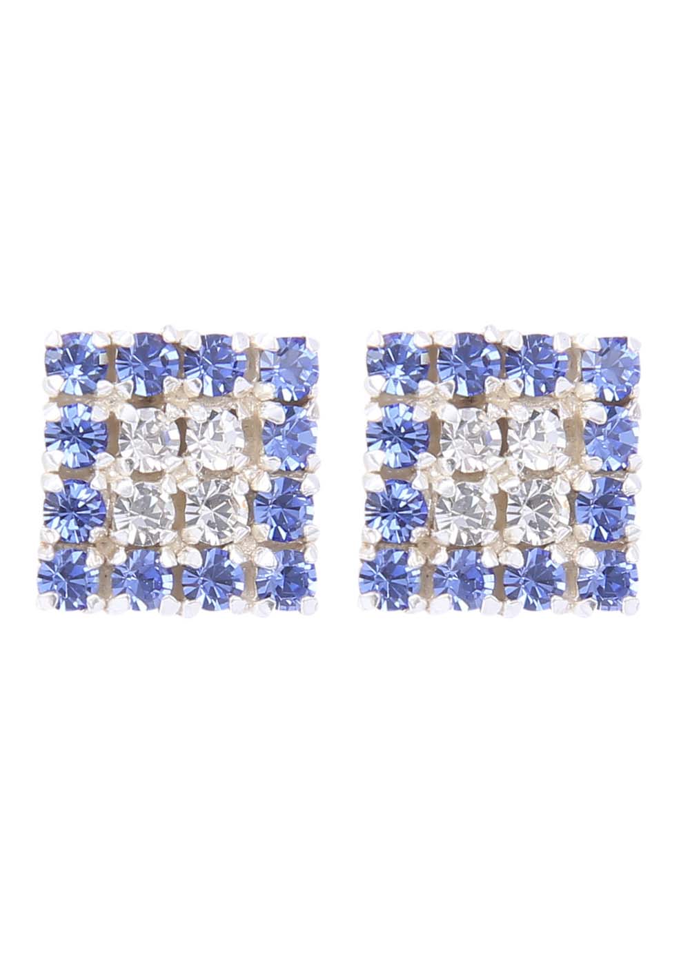 92.5 Sterling Silver Square Studs Unisex Earrings and Blue and White Cubic Zirconia