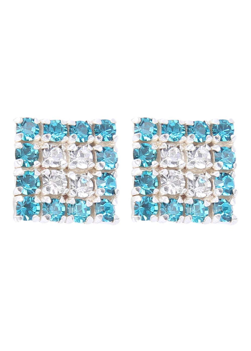 92.5 Sterling Silver Square Studs Unisex Earrings and Blue and White Cubic Zirconia