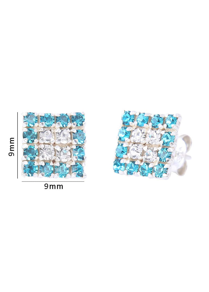 92.5 Sterling Silver Square Studs Unisex Earrings and Blue and White Cubic Zirconia