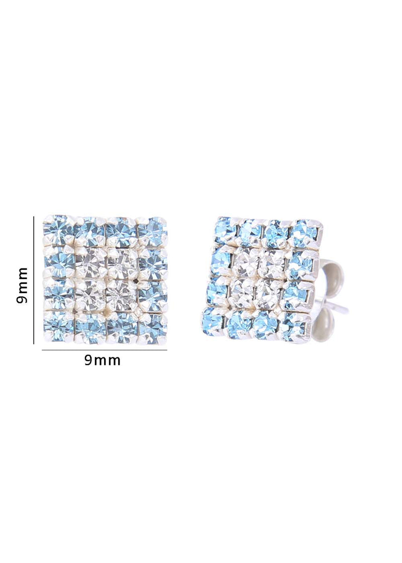 92.5 Sterling Silver Square Studs Unisex Earrings in Silver and Purple and White Cubic Zirconia CZ