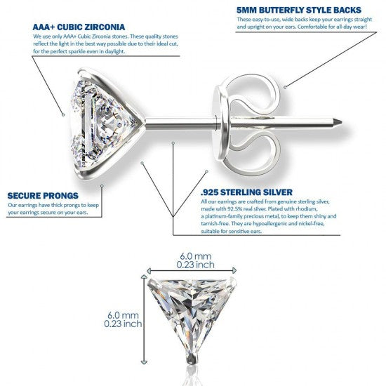 925 Sterling Silver pair of Triangle shape 6mm White Cubic Zircon (CZ) Stone Unisex Stud Earrings