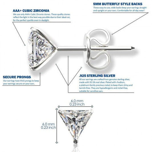 925 Sterling Silver pair of Triangle shape 6mm White Cubic Zircon (CZ) Stone Unisex Stud Earrings