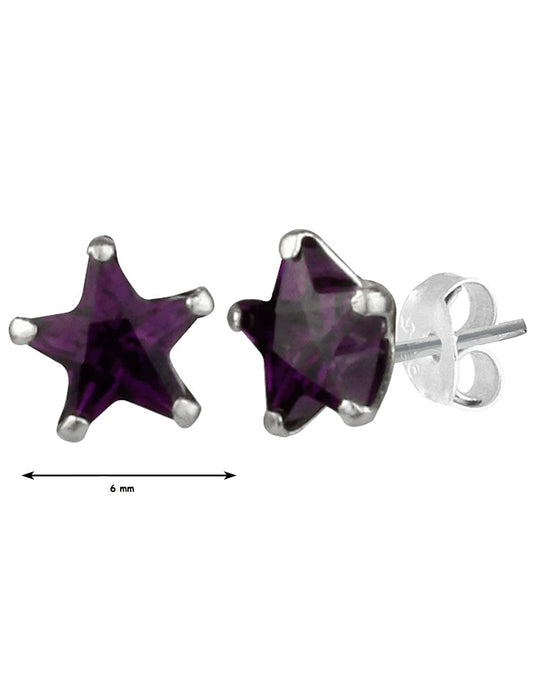 Pair of Star shape 6mm Purple Cubic Zircon (CZ) Stone Solitaire Stud Earrings