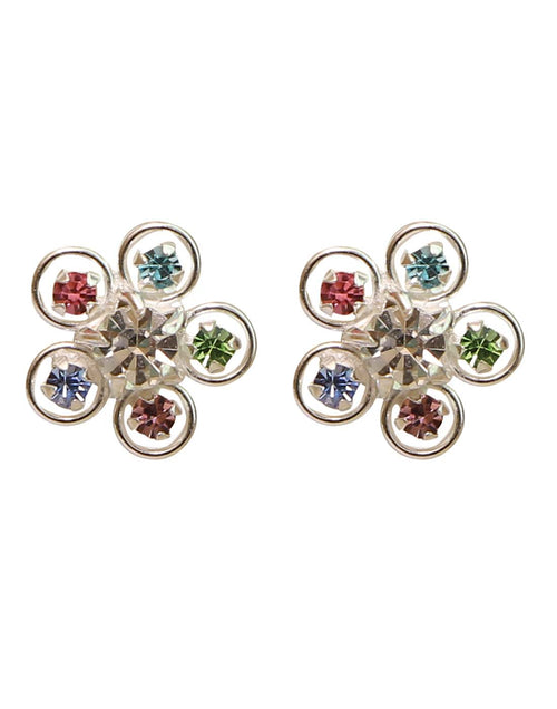 Multicolor CZ Flower shape Stud Earrings in 92.5 Silver - Default Title - Abhooshan