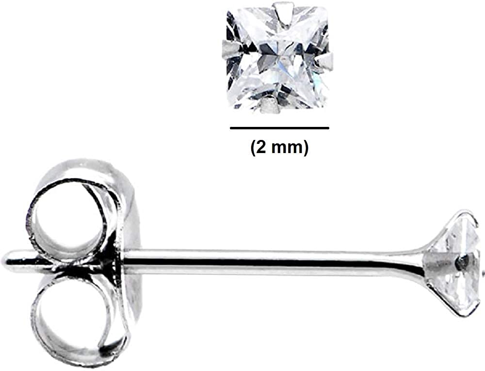 925 Sterling Silver pair of Square shape 2mm Single White Cz Unisex Stud Earrings